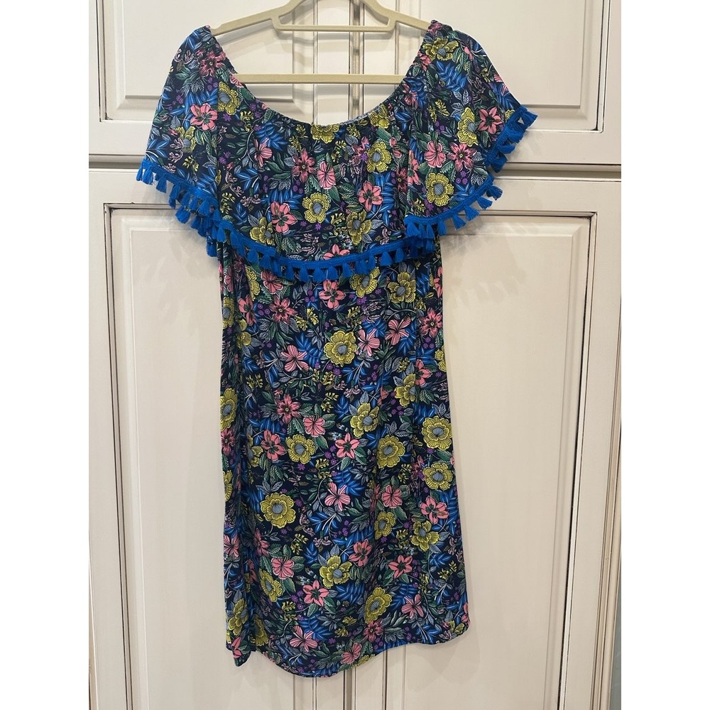Westport Floral Off The Shoulder Mini Dress Blue Tassel Ruffle Trim Summer M